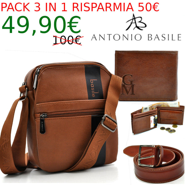 Pack 3in1 Borsello uomo A. Basile + portafoglio + cintura in vera pelle italy 03