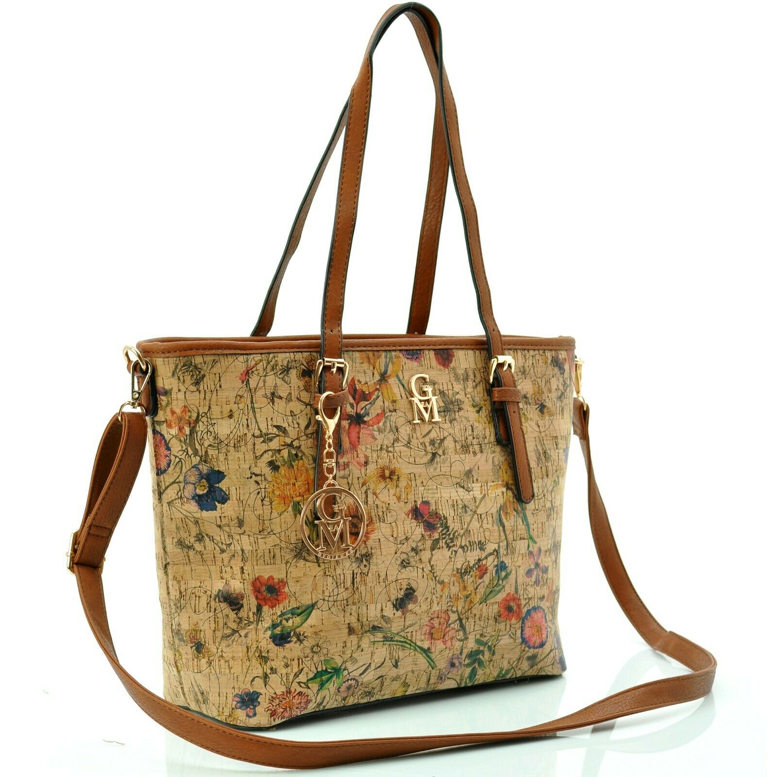 Gyoiamea borsa fantasia fiori sughero legno donna shopping spalla particolare