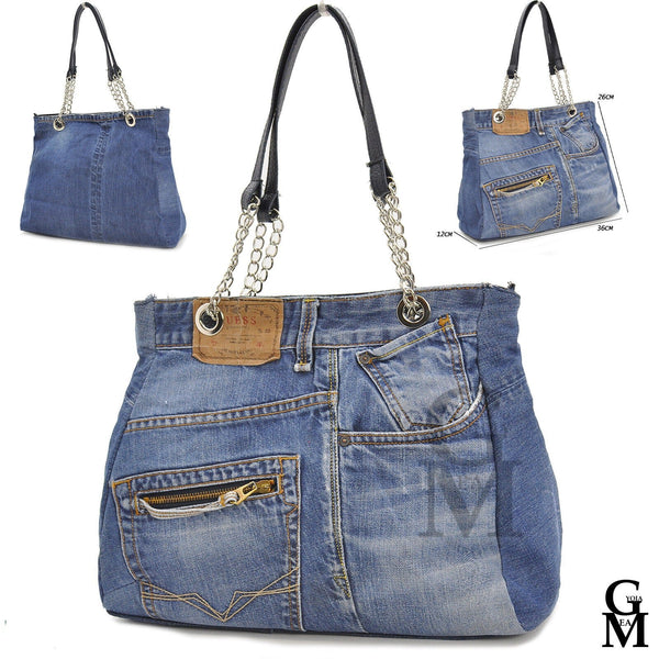 Borsa jeans artigianale shopping capiente donna manici catena artigianale moda