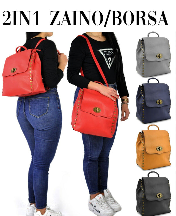 GM borsa zaino 2in1 donna fibbie borchie pelle cuoio scuola spalla tracolla