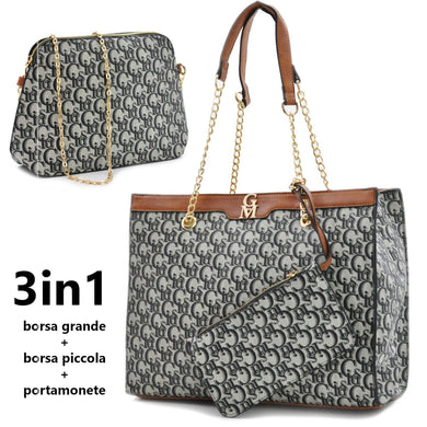 Borsa donna gyoiamea + borsetta fantasia scritte spalla catene pelle shopping