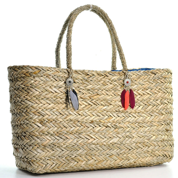 BORSA decorata Coffa DONNA catene PAGLIA GRANDE vimini mare spiaggia palma