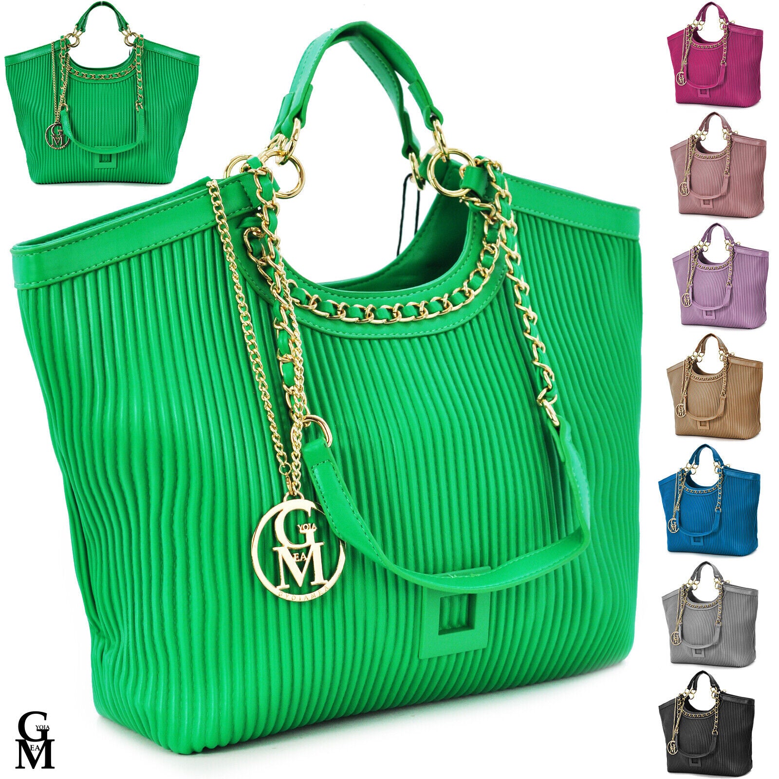 Borsa donna verde Gyoiamea tracolla grande pelle plissettata mano catena spalla