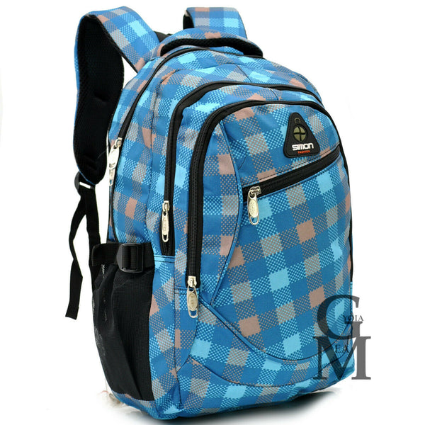 Zaino azzurro scuola fantasia scacchi nuovo tasche superiori porta pc viaggio