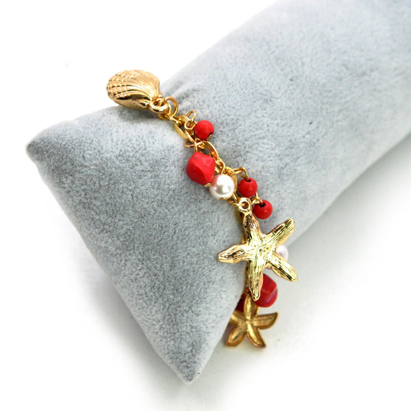 Parure Collana e bracciale rossa conchiglie stelle marine corallo rametti bijoux