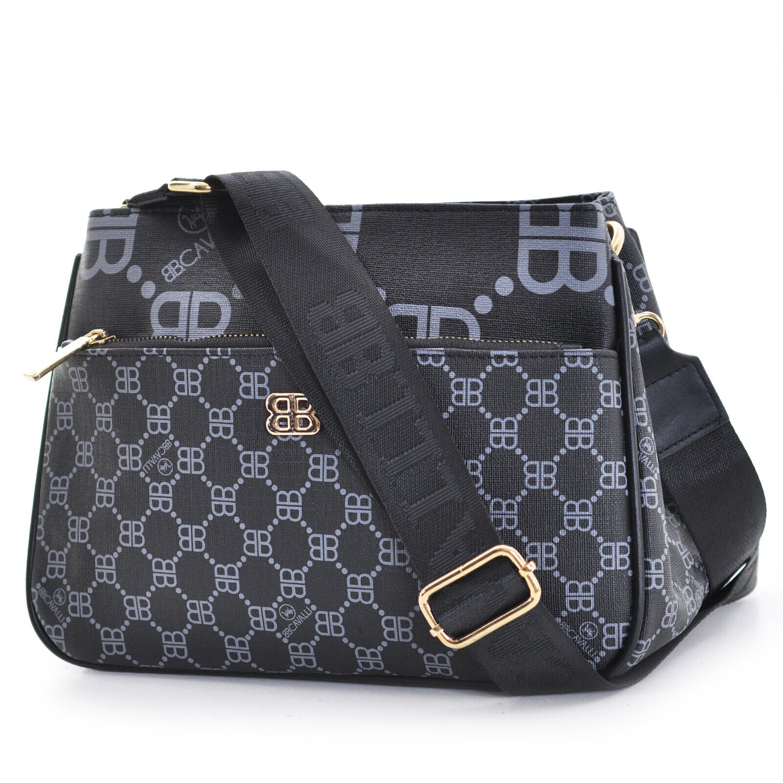 Borsa Firmata Briciole multi tasche new nera Donna fantasia logo Zip Tracolla