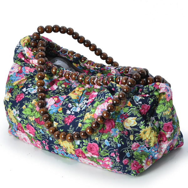 Borsa sacco fantasia fiorata morbida capiente donna manici palline in legno