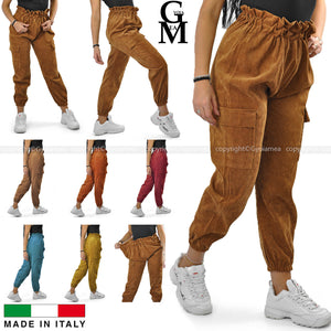 Pantalone cargo donna a coste elasticizzato tasconi velluto sportivo giornaliero