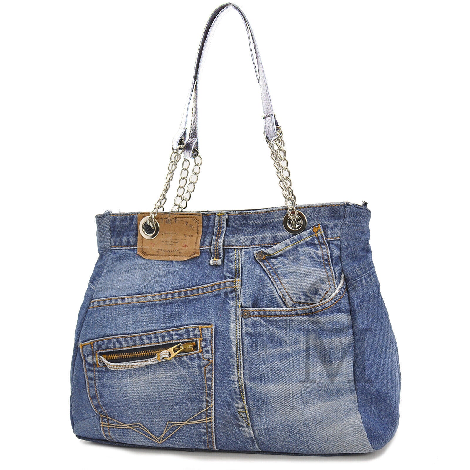 Borsa jeans artigianale shopping capiente donna manici catena artigianale moda