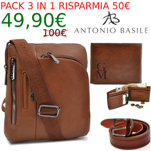 Pack 3in1 Borsello uomo A. Basile + portafoglio + cintura in vera pelle italy 02