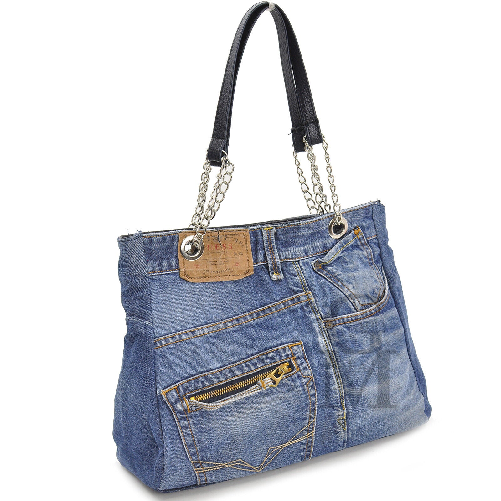 Borsa jeans artigianale shopping capiente donna manici catena artigianale moda