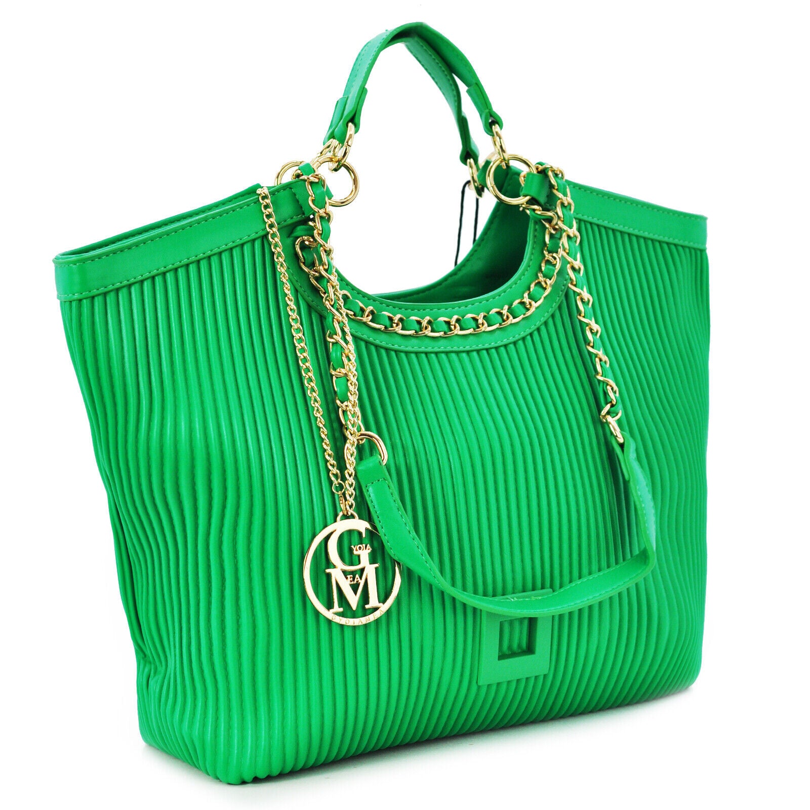 Borsa donna verde Gyoiamea tracolla grande pelle plissettata mano catena spalla