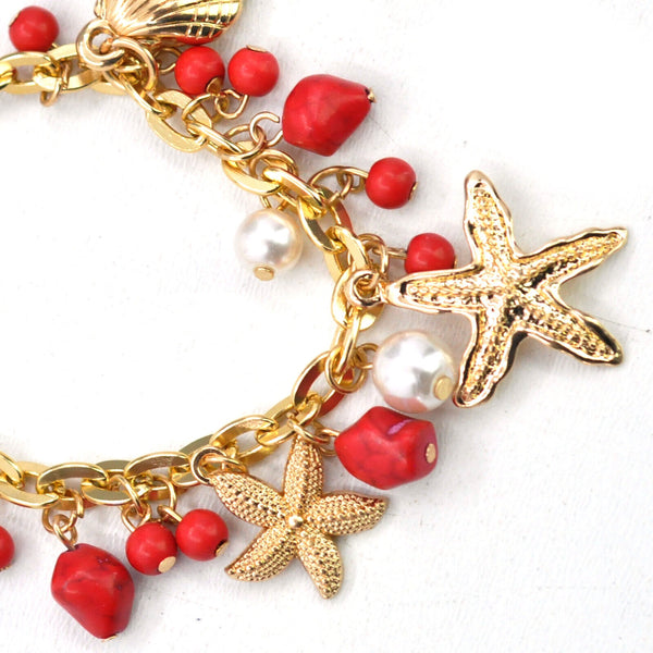 Parure Collana e bracciale rossa conchiglie stelle marine corallo rametti bijoux