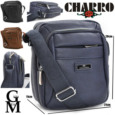 CHARRO ITALIA borsello 5 tasche zip capiente grande uomo pelle tracolla blu nera