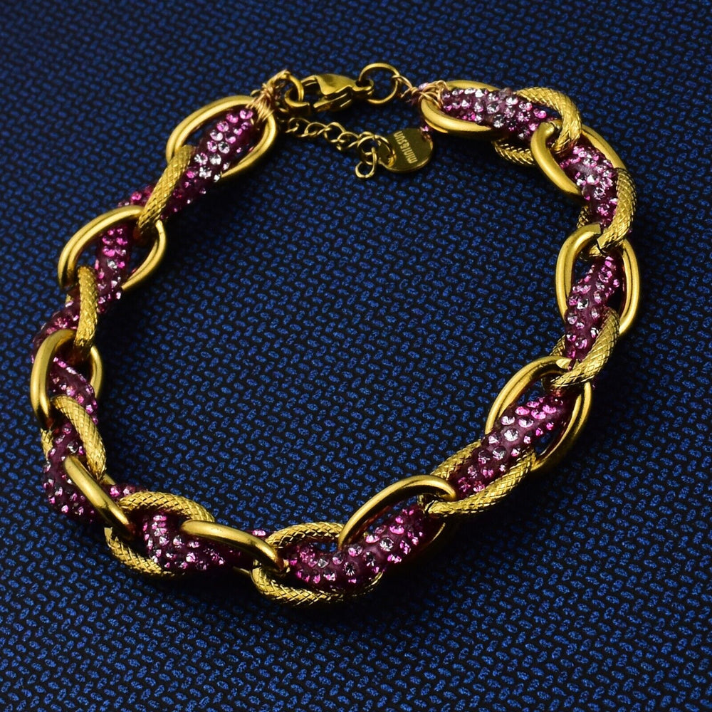 Bracciale Acciaio inossidabile lega Donna Braccialetto oro fuxia corda strass