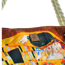 Carica l&#39;immagine nel visualizzatore di Gallery, BORSA mare klimt il bacio dipinto stampa DONNA tessuto manici corda tela gialla
