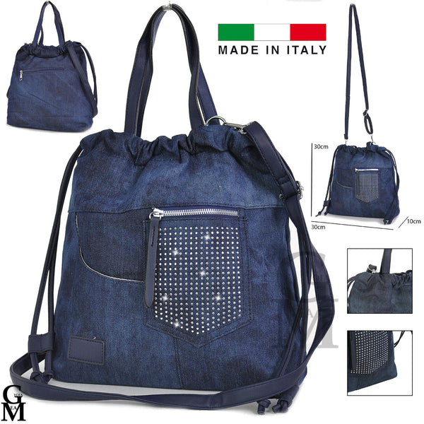 Borsa jeans artigianale tracolla strass glitter nuova ricciata capiente donna