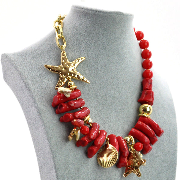 Parure Collana e bracciale rossa conchiglie stelle marine corallo rametti bijoux