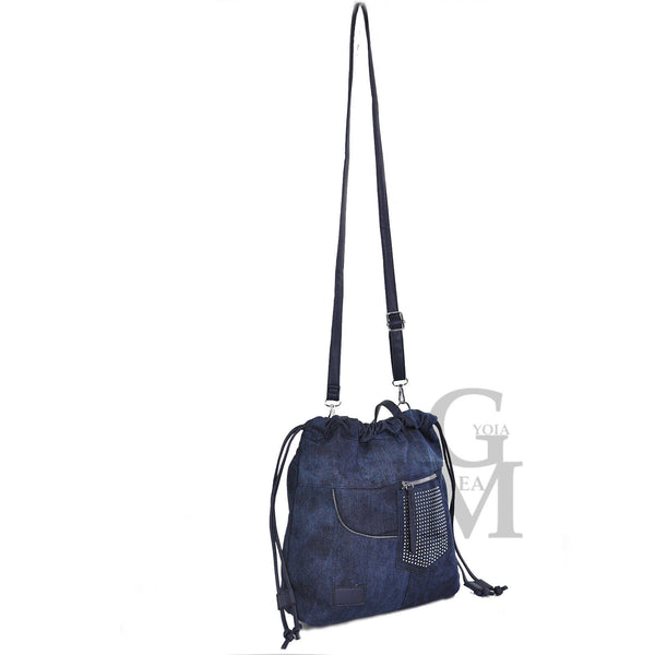 Borsa jeans artigianale tracolla strass glitter nuova ricciata capiente donna