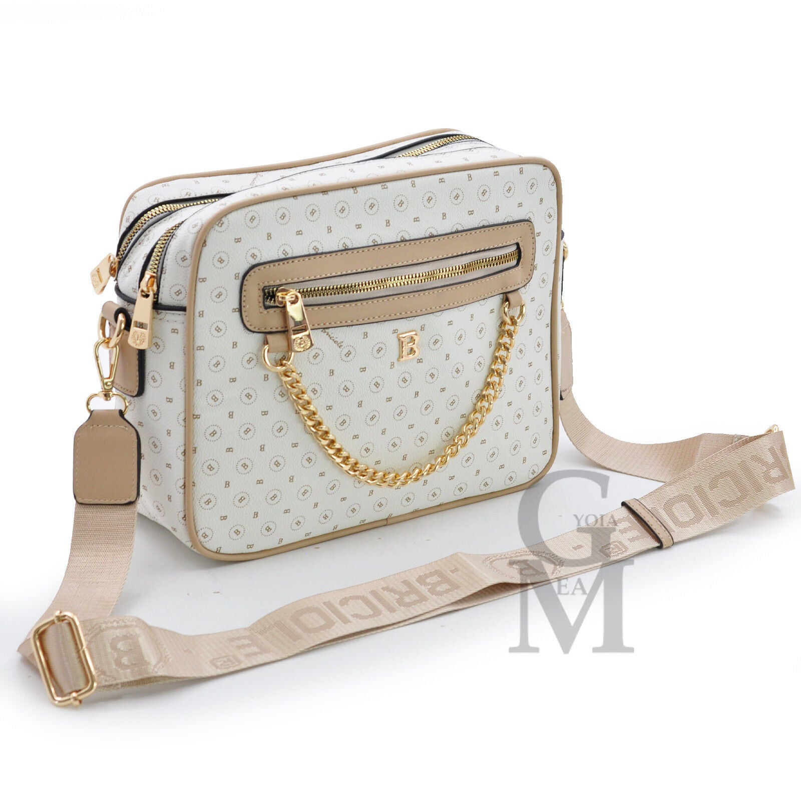 Borsa firmata Briciole borsetta beige donna catena zip tracolla fantasia piccola