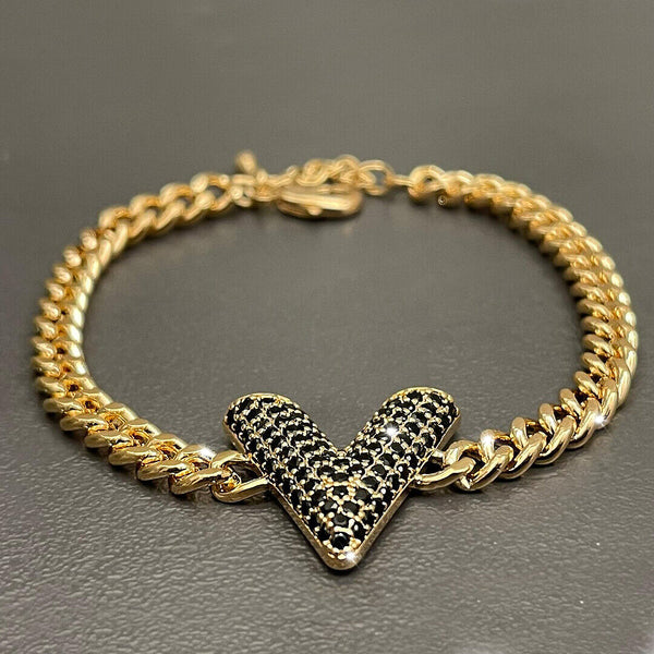 Bracciale Acciaio inossidabile Donna Braccialetto forma V strass incastonati oro