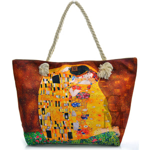 BORSA mare klimt il bacio dipinto stampa DONNA tessuto manici corda tela gialla