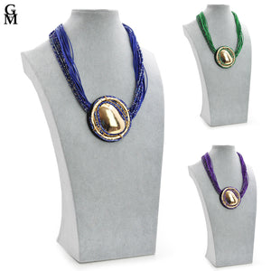 Collana donna blu viola strass lunga ciondolo disco oro multifilo boemia etnica