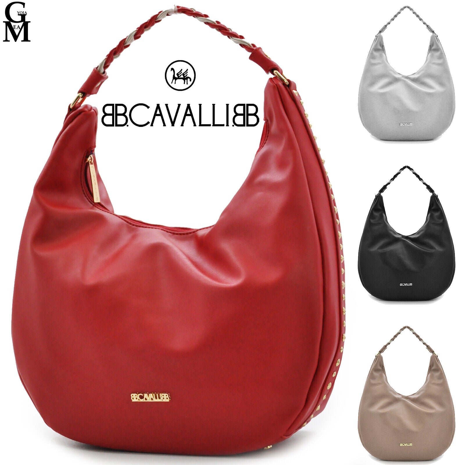 Borsa hobo donna a sacco CAVALLI capiente morbida monomanico rossa beige borchie