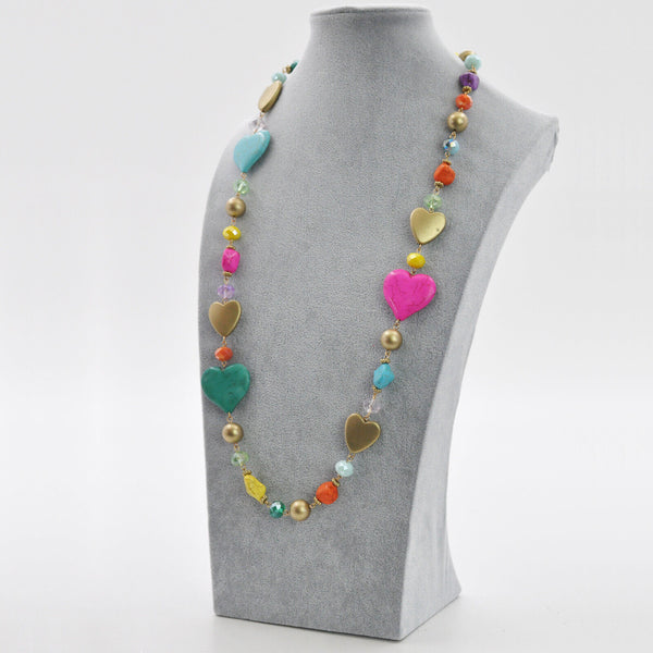 Collana lunga donna colorata multicolore resina piete dure donna cuore etnica