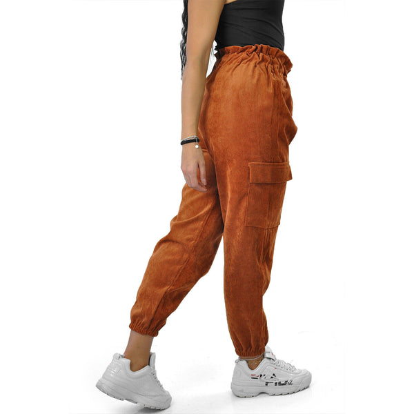 Pantalone cargo donna a coste elasticizzato tasconi velluto sportivo giornaliero