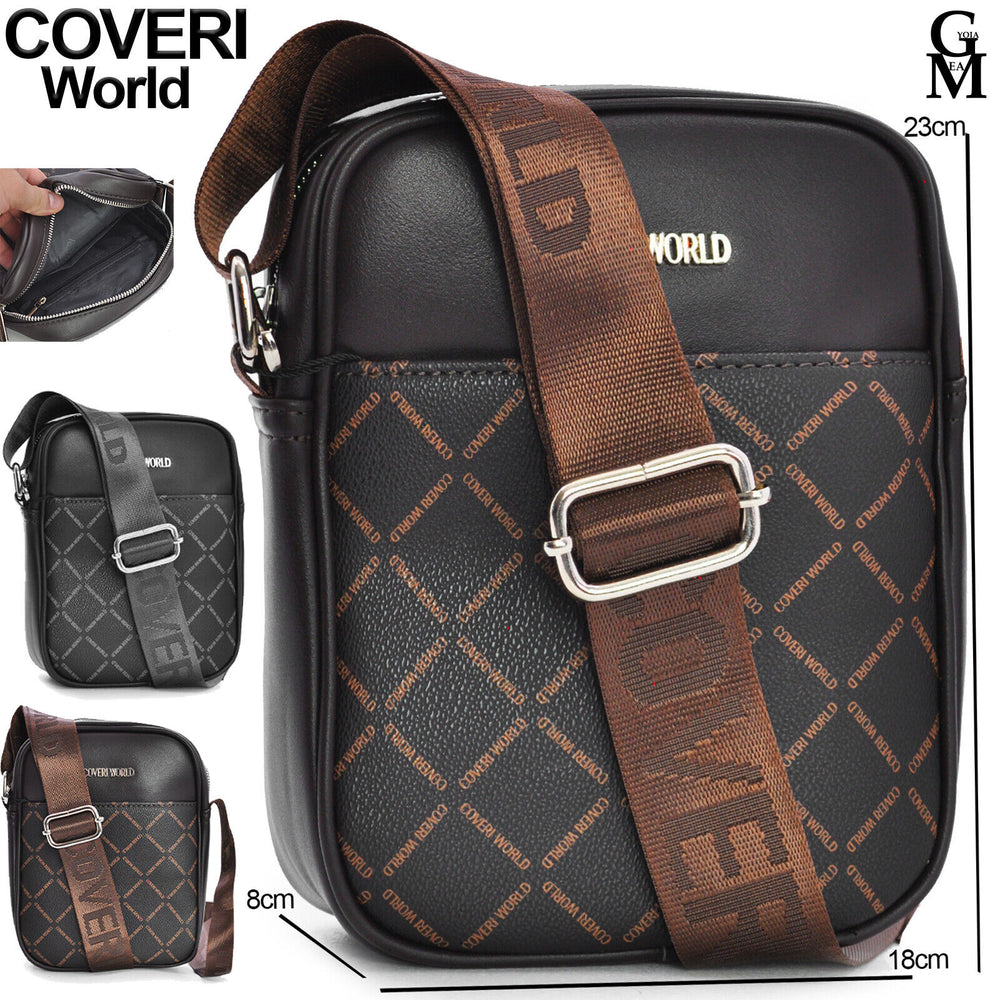 Borsello firmato Uomo COVERI world scritte Borsa Tracolla Pelle Nero Marrone