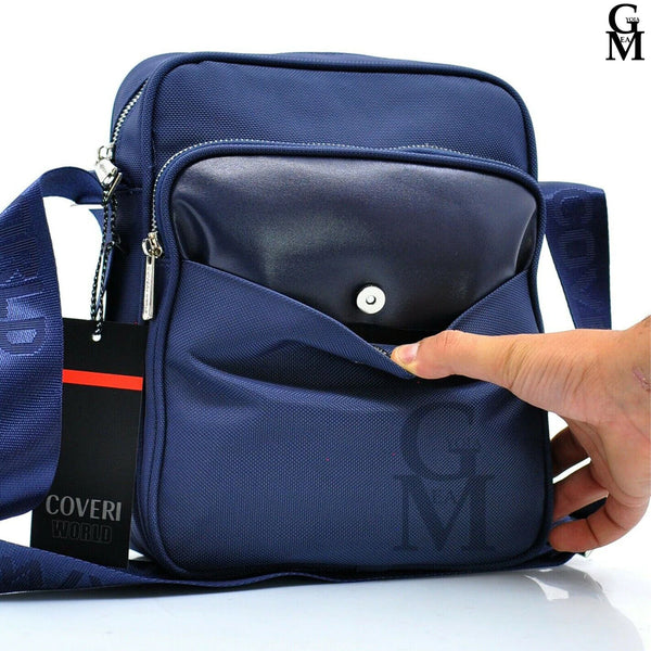 Borsello nylon capiente firmato COVERI nuovo vintage uomo sottile tracolla blu