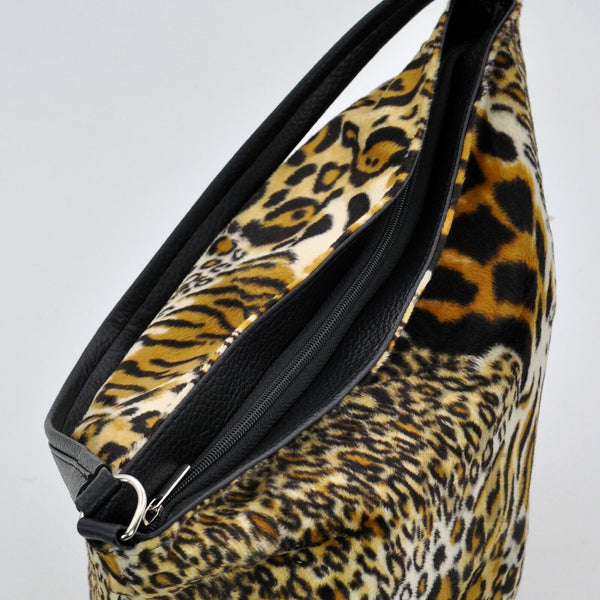 Borsa GRANDE hobo sacco pelo pelliccia moda casual fantasia leopardata maculata