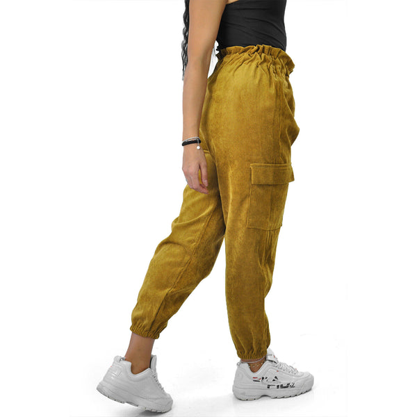 Pantalone cargo donna a coste elasticizzato tasconi velluto sportivo giornaliero