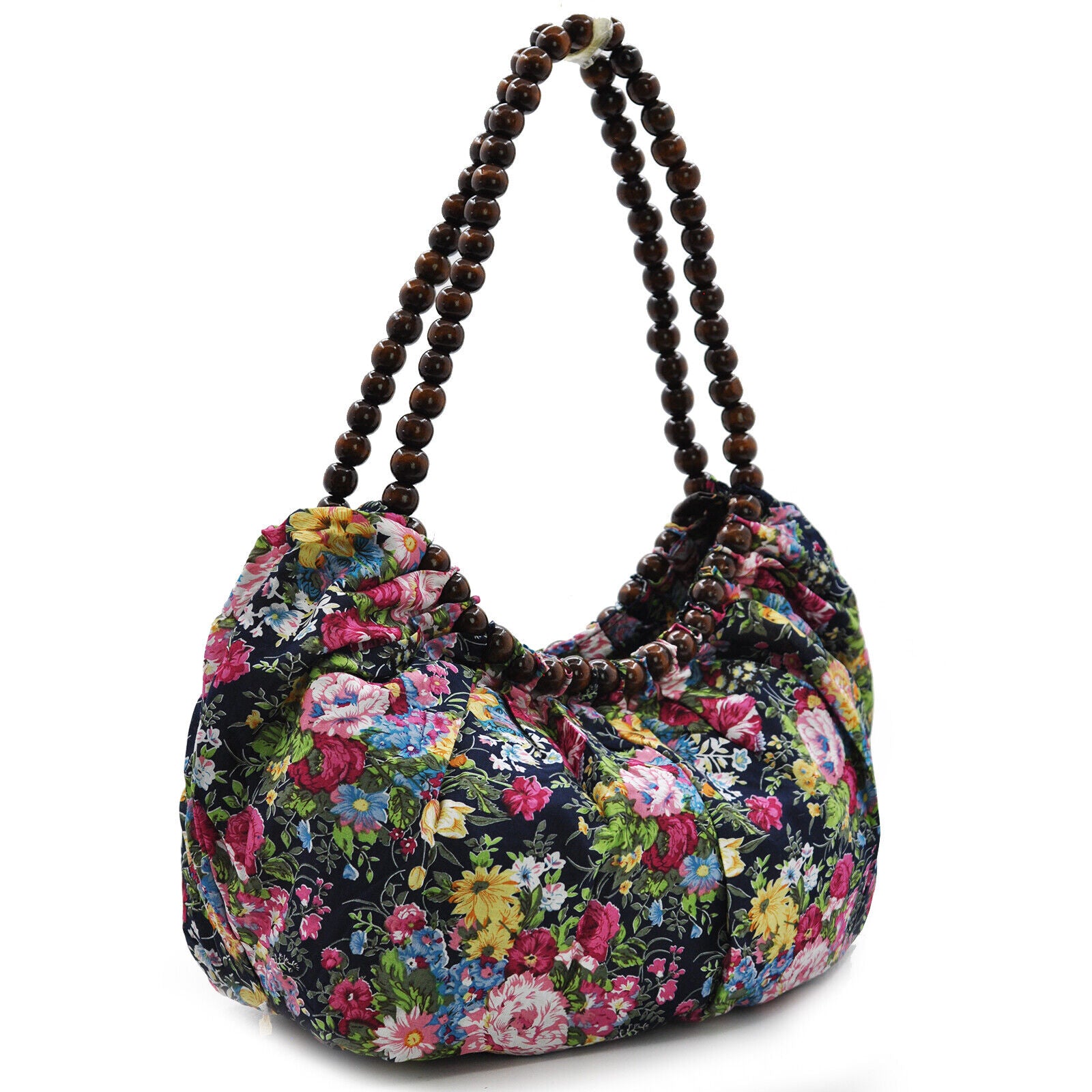 Borsa sacco fantasia fiorata morbida capiente donna manici palline in legno