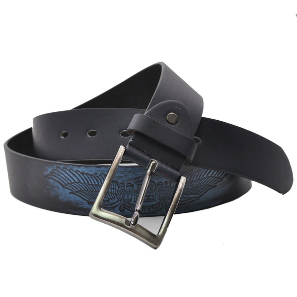 Cintura uomo elegante 3,5cm nuova pelle ali biker rock blu Cinta motociclista