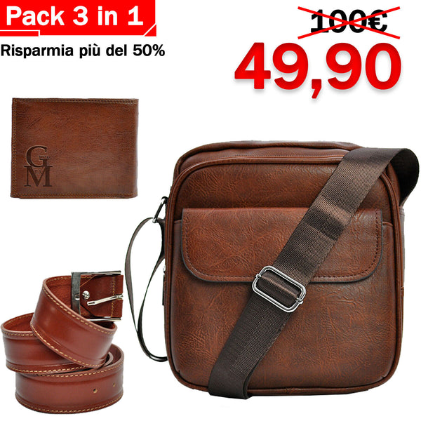 Pack 3in1 Borsello uomo pack GM + portafoglio + cintura in vera pelle italy