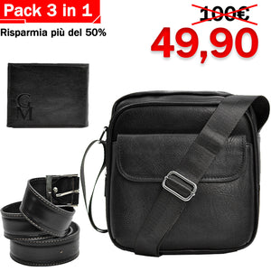 Pack 3in1 Borsello uomo pack GM + portafoglio + cintura in vera pelle italy