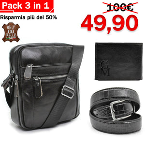 Pack 3in1 Borsello uomo pack GM + portafoglio + cintura in vera pelle italy