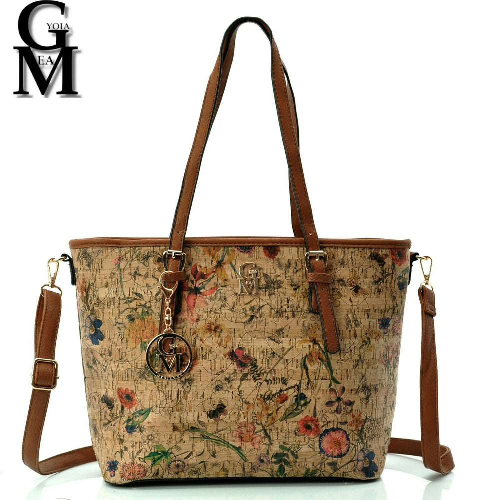 Gyoiamea borsa fantasia fiori sughero legno donna shopping spalla particolare