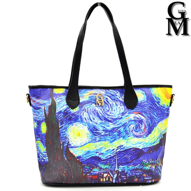 Borsa shopping dipinto stampa opera d'arte notte stellata Van Gogh colorata moda