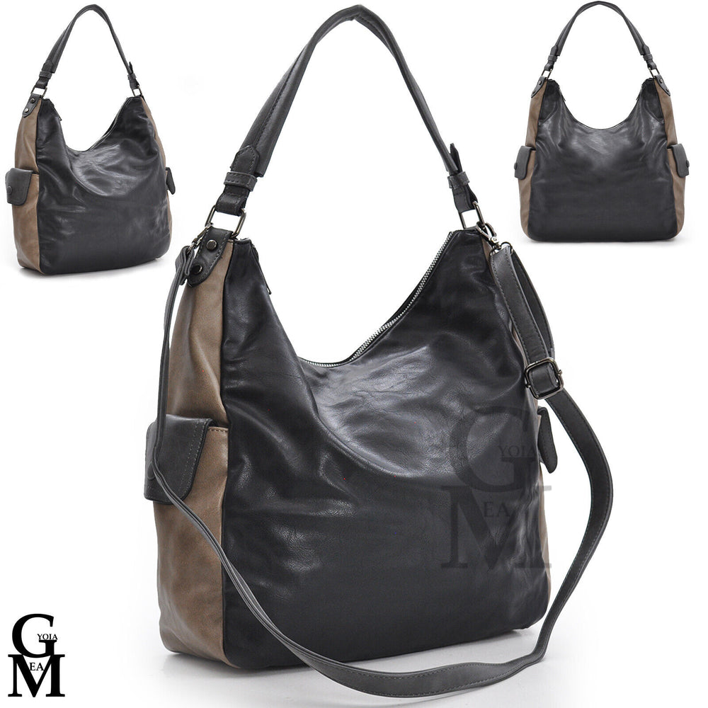 Borsa donna sacco hobo morbida unica tinta made in italy bicolore beige nero