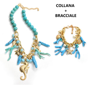 Parure Collana e bracciale turchese lunga stelle marine corallo perle rami mare