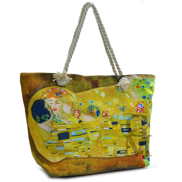 BORSA mare grande dipinto klimt van ghog il bacio colorata DONNA tessuto tela