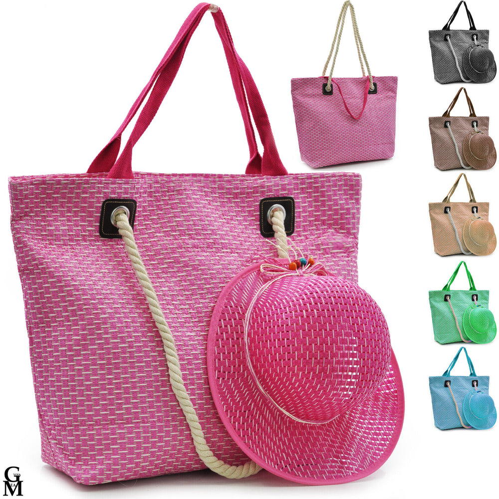 Pack 2in1 Borsa mare + cappello gigante grande capiente paglia manici corda moda