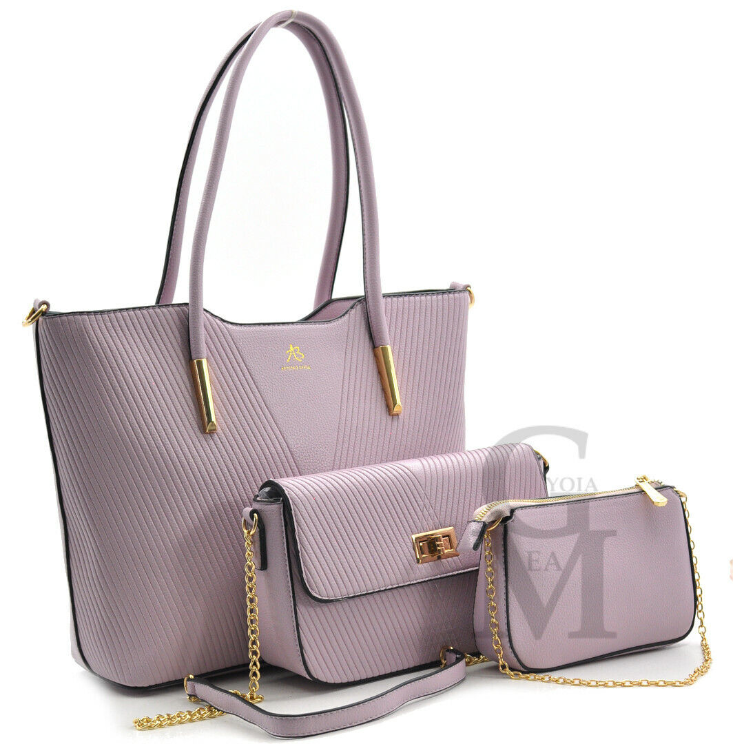 A.Basile set 3in1 borsa + borsetta + pochette trapuntata spina pesce donna lilla