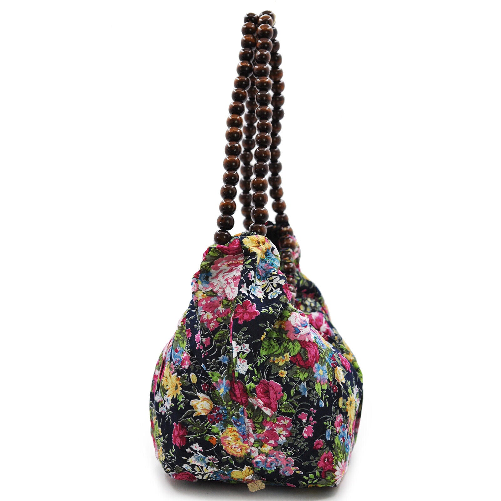 Borsa sacco fantasia fiorata morbida capiente donna manici palline in legno