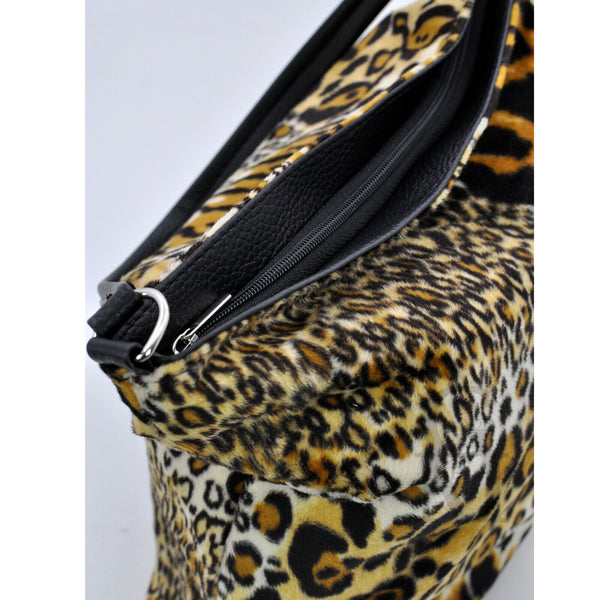 Borsa GRANDE hobo sacco pelo pelliccia moda casual fantasia leopardata maculata