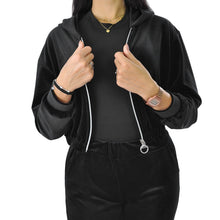 Carica l&#39;immagine nel visualizzatore di Gallery, Tuta 2 pezzi donna velluto ciniglia velluto giacca zip cappuccio morbido nera