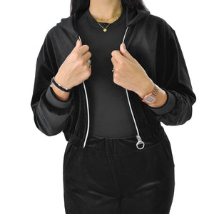 Tuta 2 pezzi donna velluto ciniglia velluto giacca zip cappuccio morbido nera